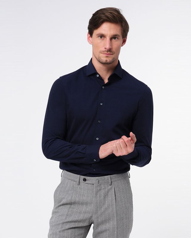Dutch Dandies Knitted Slim fit Overhemd LM Donkerblauw uni 053080-001-37