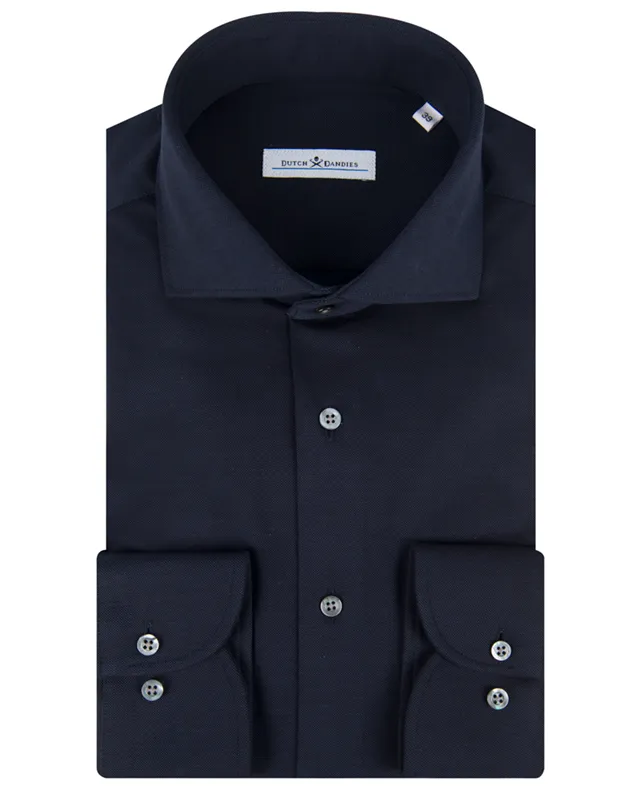 Dutch Dandies Knitted Slim fit Overhemd LM Donkerblauw uni 053080-001-37