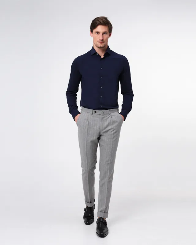 Dutch Dandies Knitted Slim fit Overhemd LM Donkerblauw uni 053080-001-37