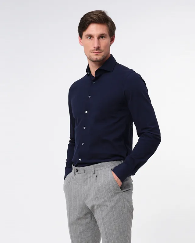 Dutch Dandies Knitted Slim fit Overhemd LM Donkerblauw uni 053080-001-37