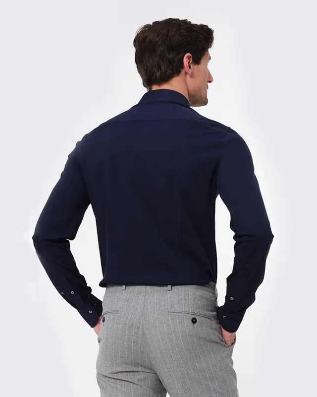 Dutch Dandies Knitted Slim fit Overhemd LM Donkerblauw uni 053080-001-37