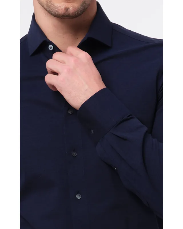 Dutch Dandies Knitted Slim fit Overhemd LM Donkerblauw uni 053080-001-37