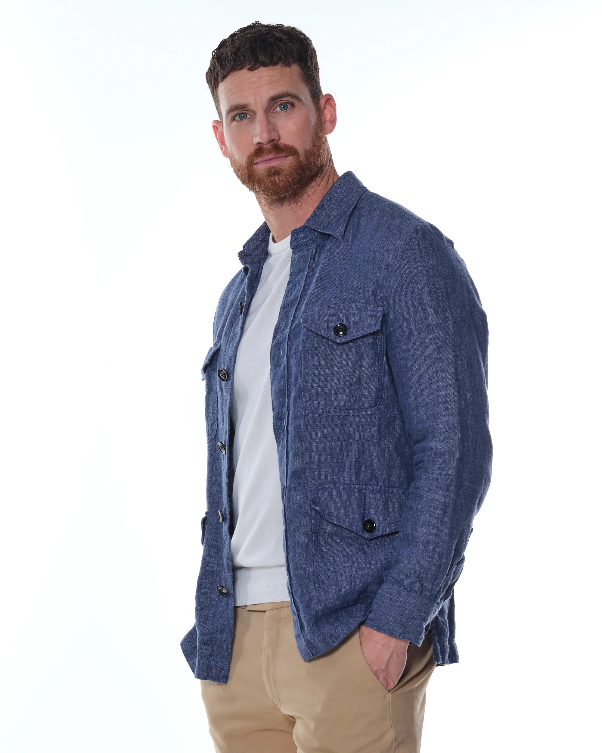 Dutch Dandies Linnen Overshirt Middenblauw uni 073902-001-L
