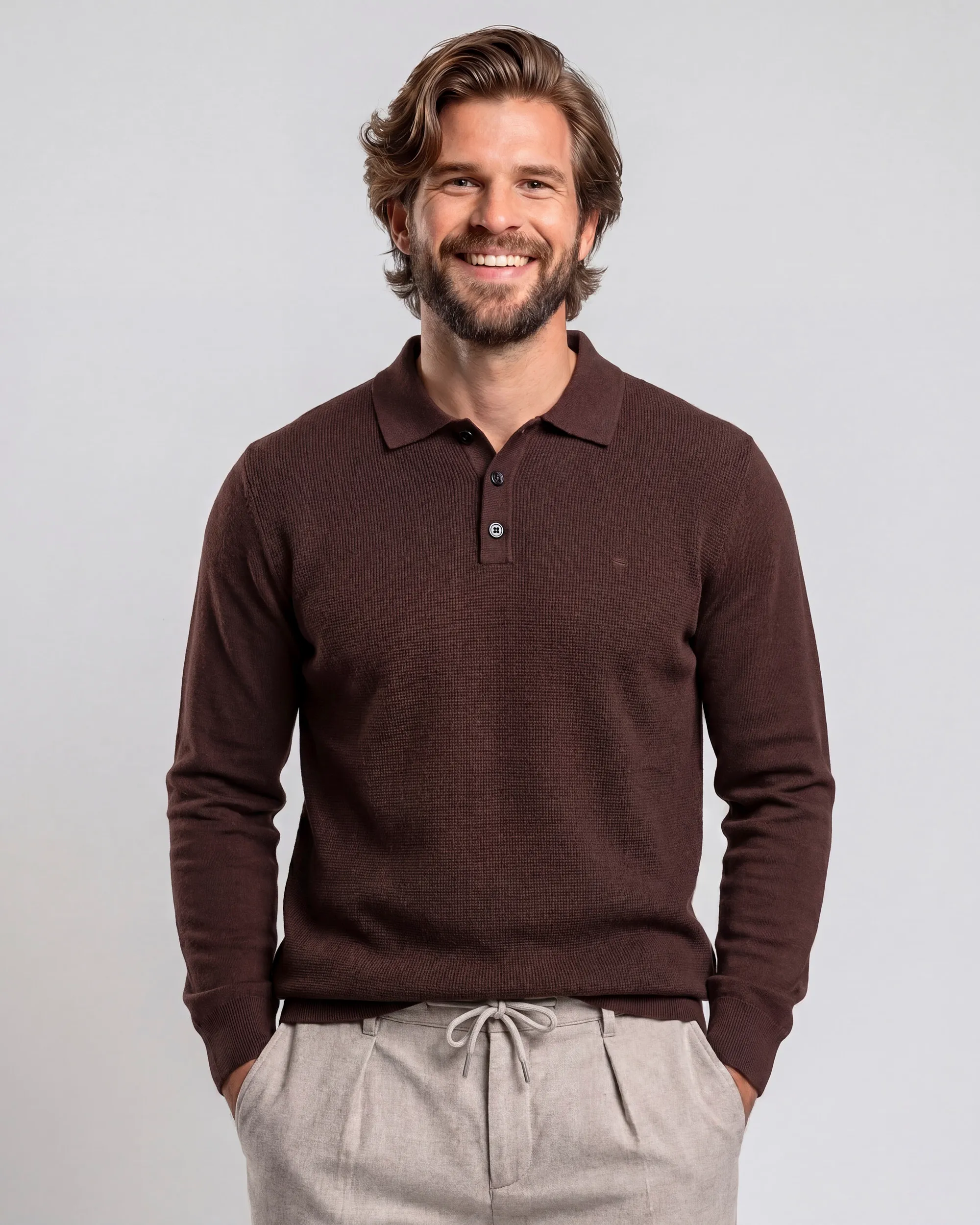 Campbell Polo lange mouw Percy Coffee Bean brown melange 107891-004-L