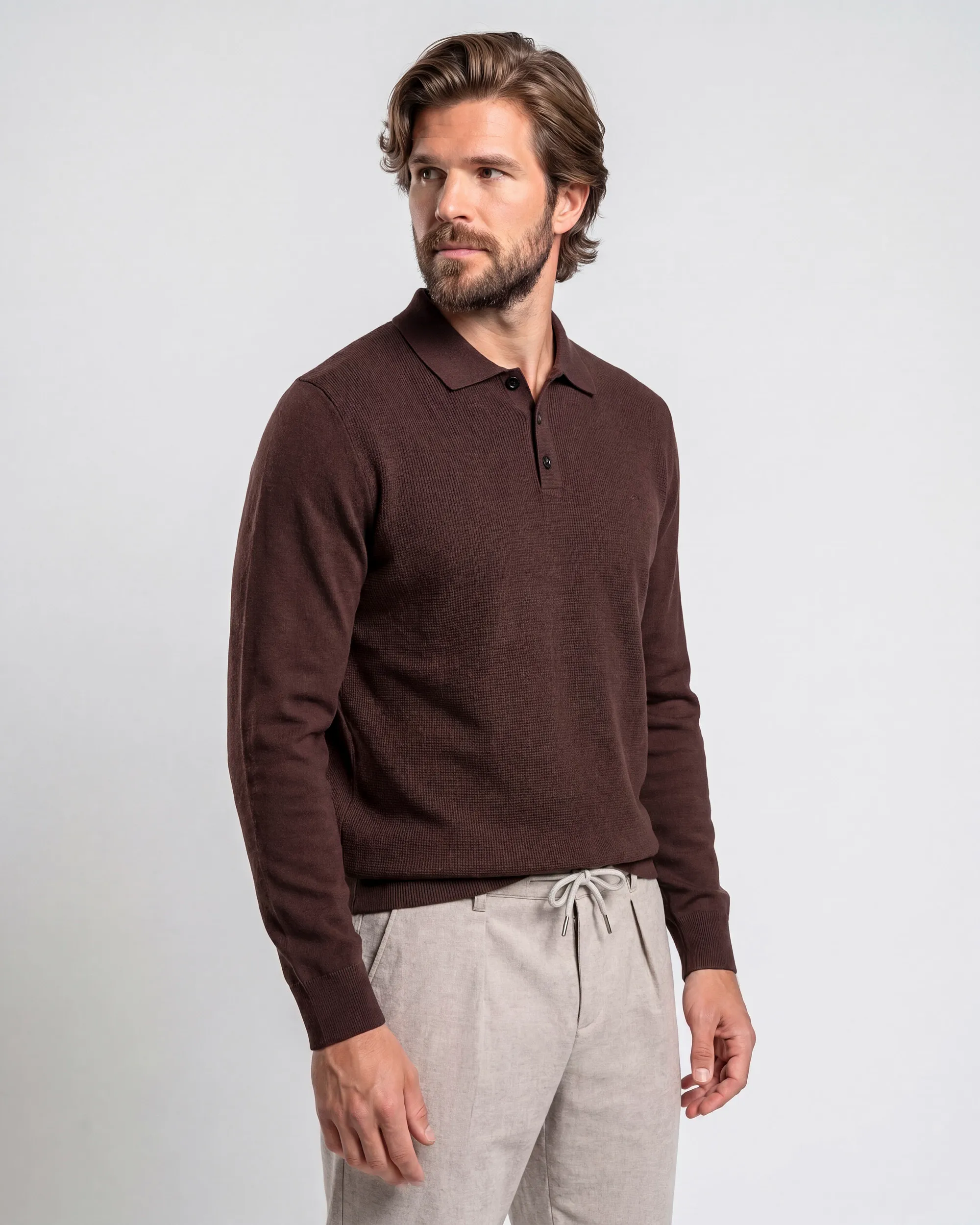 Campbell Polo lange mouw Percy Coffee Bean brown melange 107891-004-L